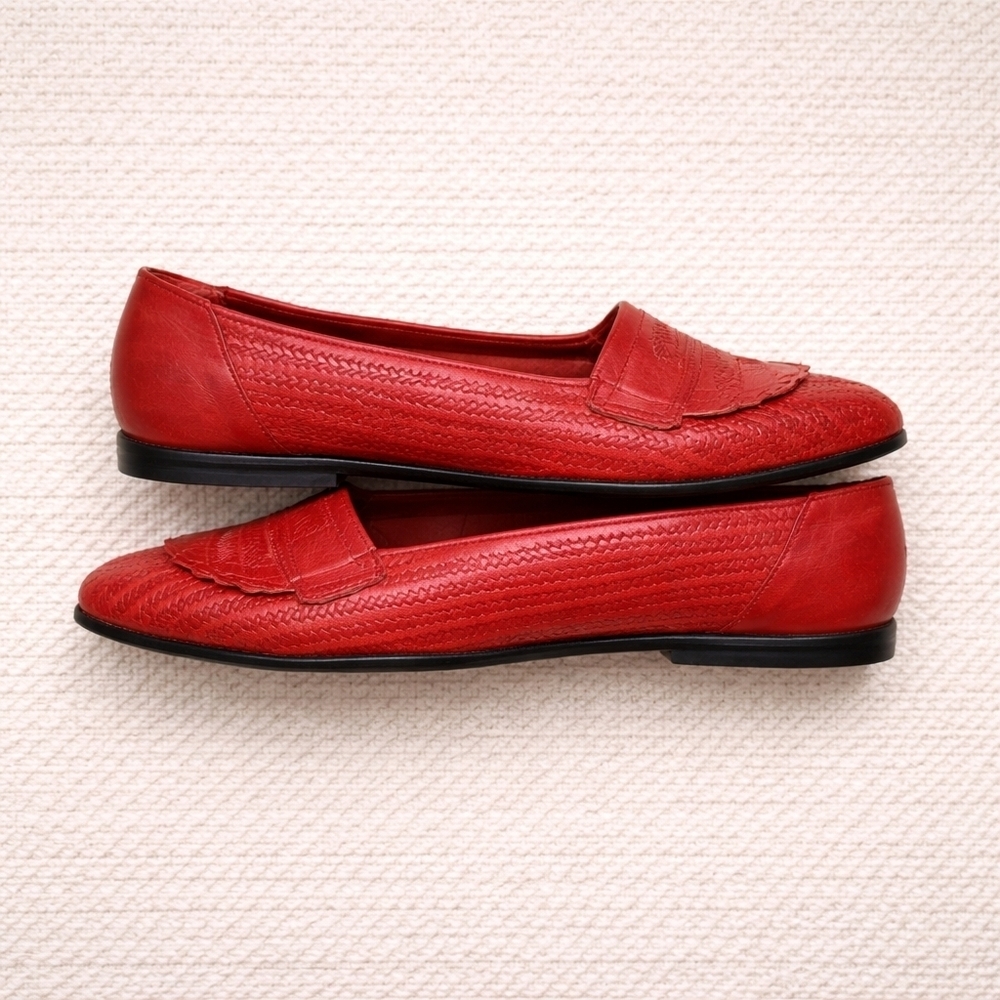 Vintage NICOLE BABS Red Woven Leather Fringe Loafers 8.5 M Fleur de Lis Heritage - Picture 5 of 10